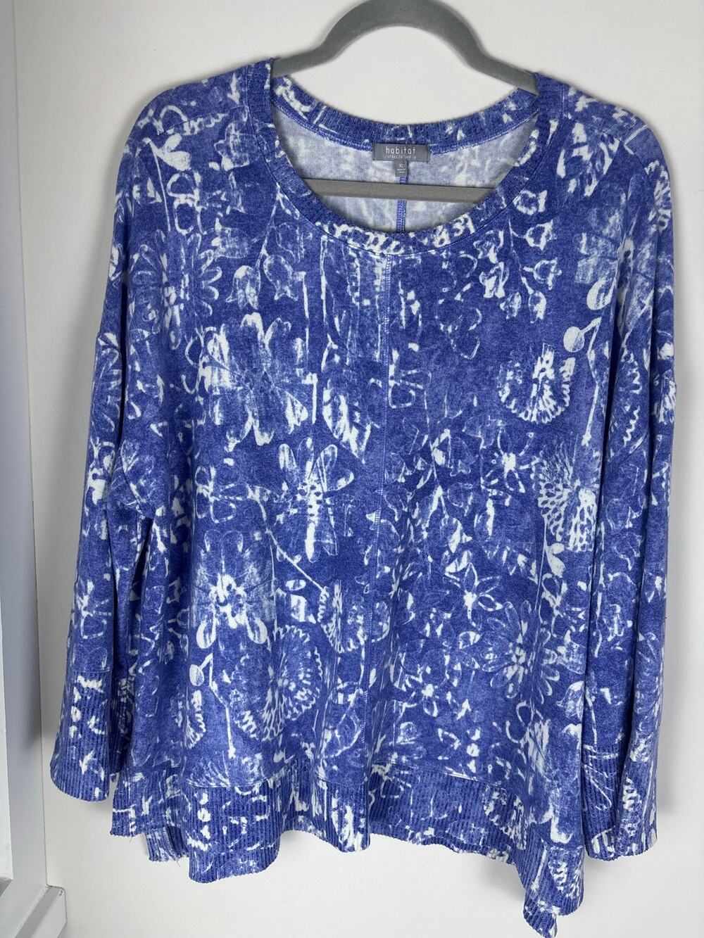 Habitat Clothes to Live In Top XL Blue White Floral Tunic Lagenlook Artsy